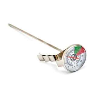 Rhino long milk thermometer with a dial gauge marking the ideal steaming range