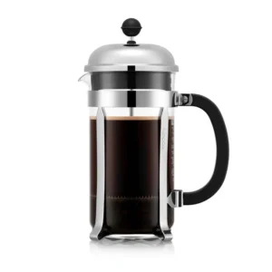 Bodum Chambord French press with a glass beaker, chrome frame and lid, and black handle