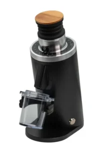 DF54 single-dose flat burr coffee grinder in black, with a wood-topped bellows