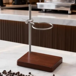 Height-adjustable metal drip stand with a wooden base and a filter ring