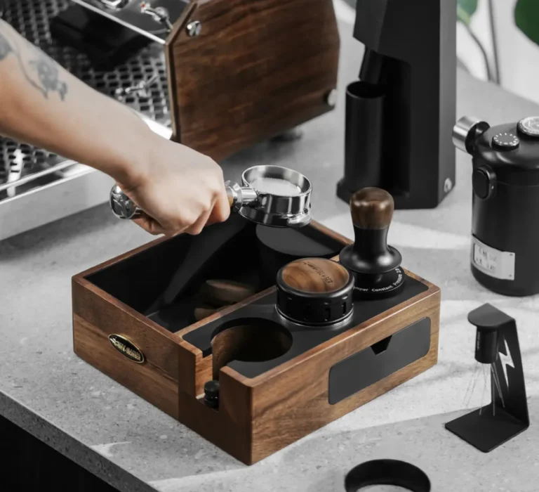 MHW-3BOMBER walnut espresso knock box and tamping station for 51–58 mm portafilters