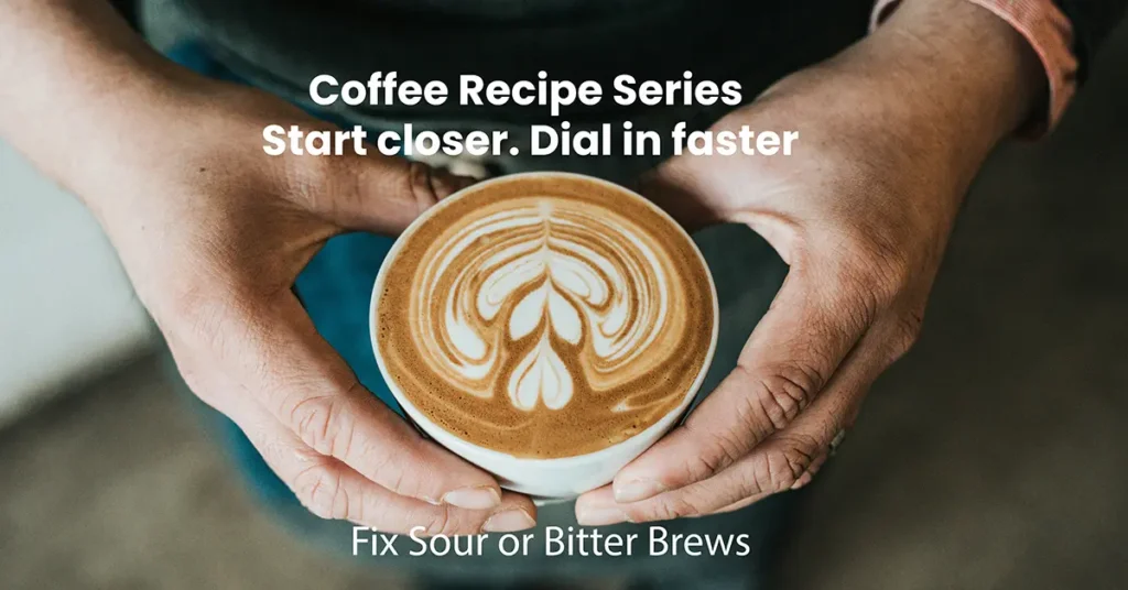 Hands holding a latte with heart-shaped latte art, with the text: Coffee Recipe Series. Start closer. Dial in faster. Fix Sour or Bitter Brews.